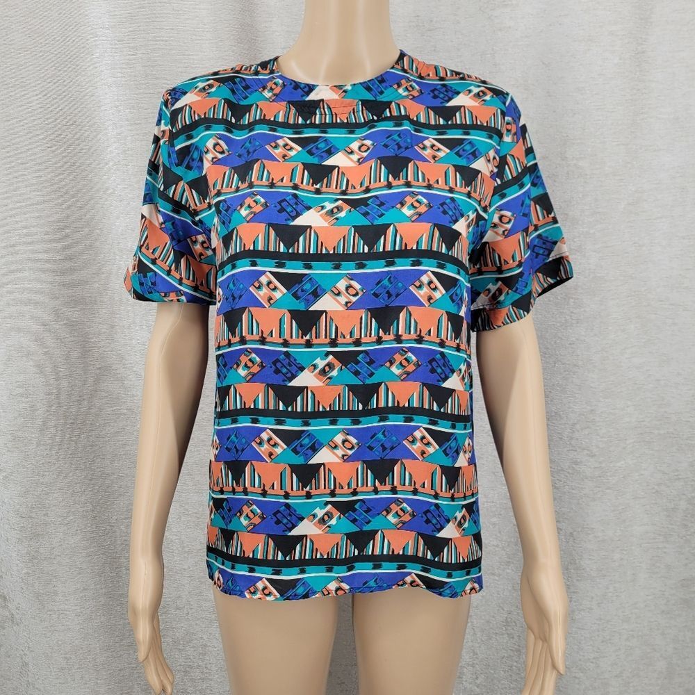 Vintage Silk Aztec Geometric Patterned Short Sleeve Top Blouse
